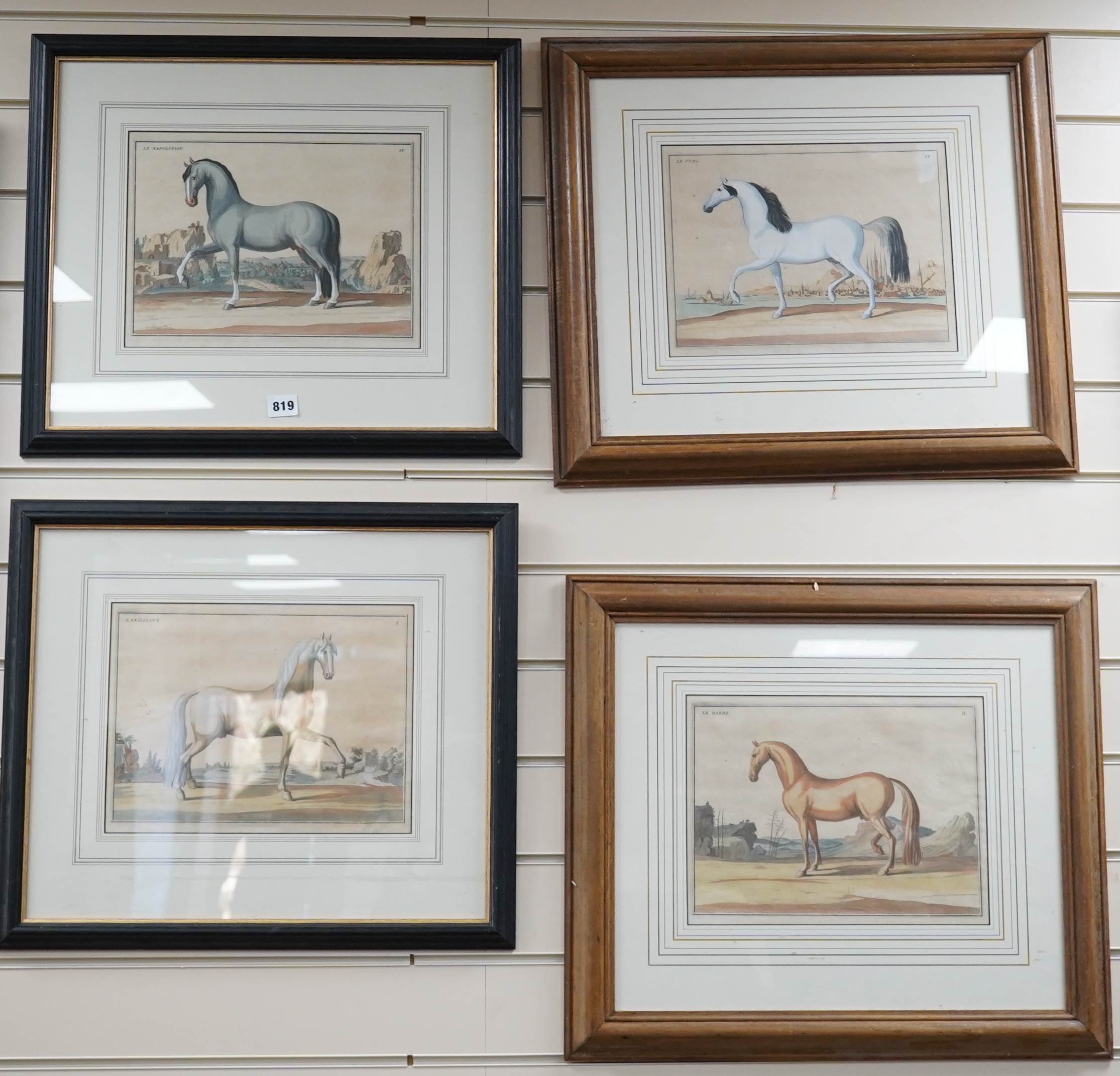 Four 18th/19th century coloured etchings, horses to include ‘Le Napolitain’ and ‘Le Turc’, 23 x 30cm. Condition - fair